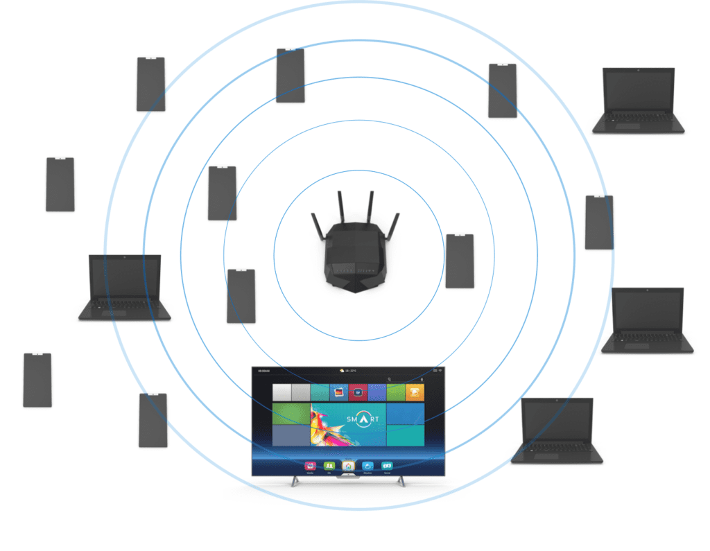 Router doméstico saturado con demasiados dispositivos conectados en una oficina