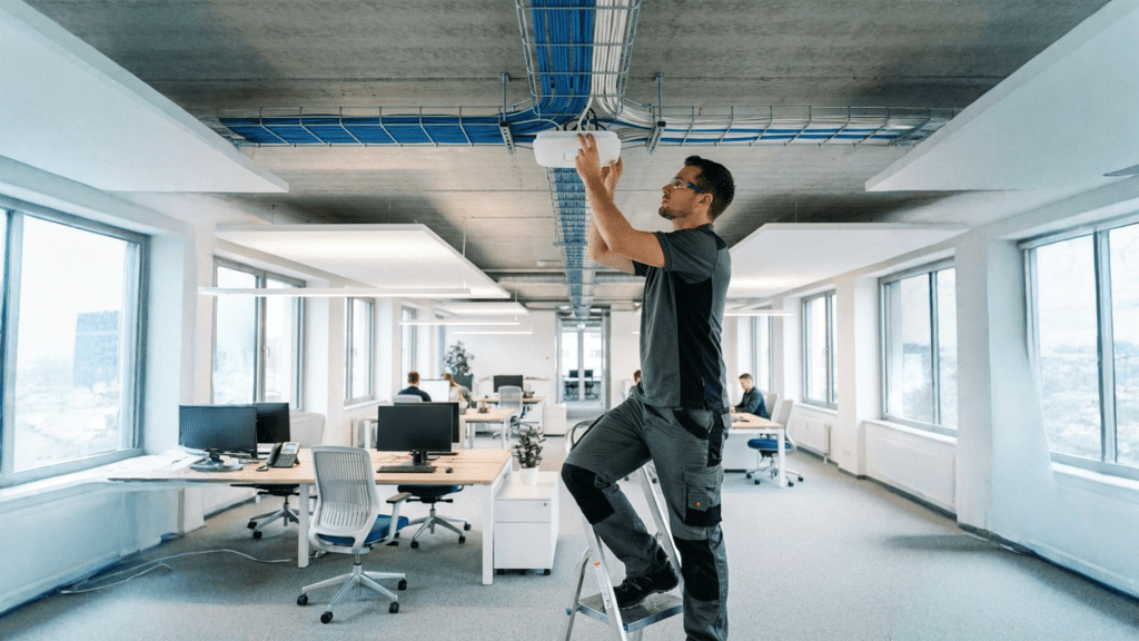 Técnico instalando access point WiFi profesional en techo de oficina
